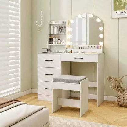 Coiffeuse avec miroir et lumières, table de maquillage et chaise, 4 tiroirs, 3 étagères ouvertes, Noir/Blanc – Sanzelize Design