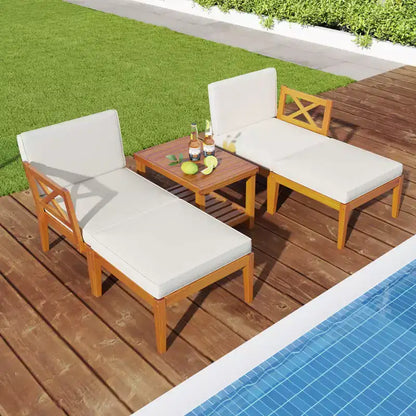 Ensemble de 5 chaises longues de jardin en bois d'acacia avec table basse à 2 niveaux et coussins – Sanzelize Design