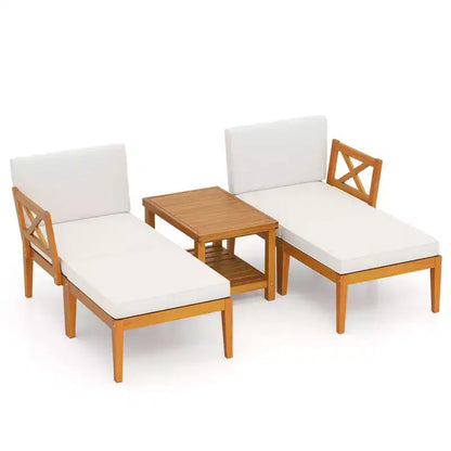 Ensemble de 5 chaises longues de jardin en bois d'acacia avec table basse à 2 niveaux et coussins – Sanzelize Design