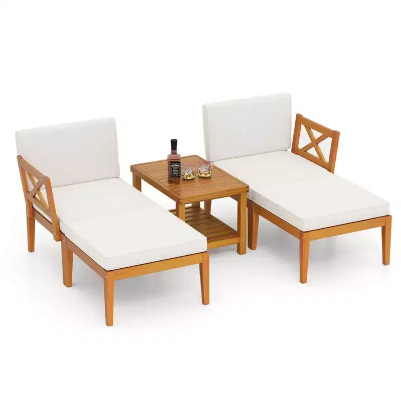 Ensemble de 5 chaises longues de jardin en bois d'acacia avec table basse à 2 niveaux et coussins – Sanzelize Design