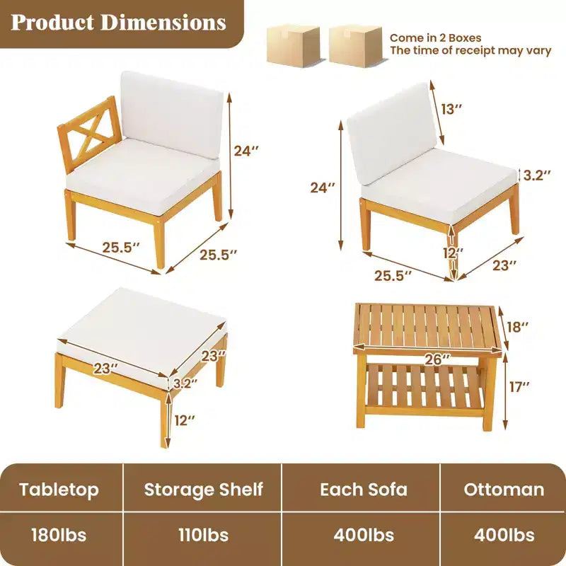 Ensemble de 5 chaises longues de jardin en bois d'acacia avec table basse à 2 niveaux et coussins – Sanzelize Design