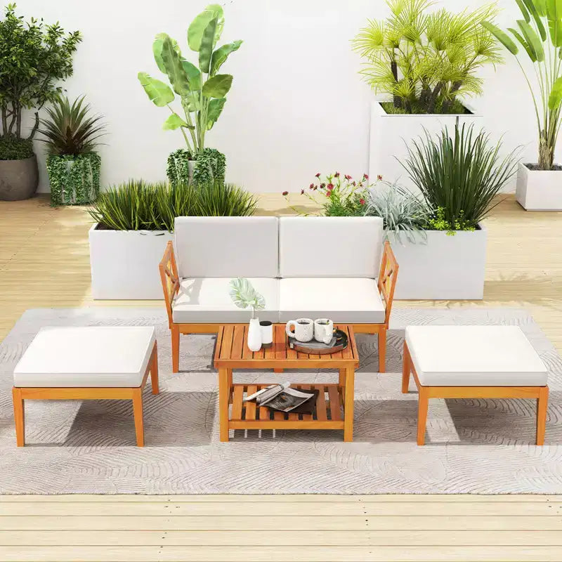 Ensemble de 5 chaises longues de jardin en bois d'acacia avec table basse à 2 niveaux et coussins – Sanzelize Design