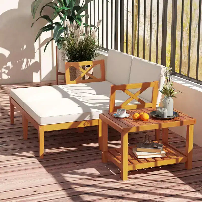 Ensemble de 5 chaises longues de jardin en bois d'acacia avec table basse à 2 niveaux et coussins – Sanzelize Design