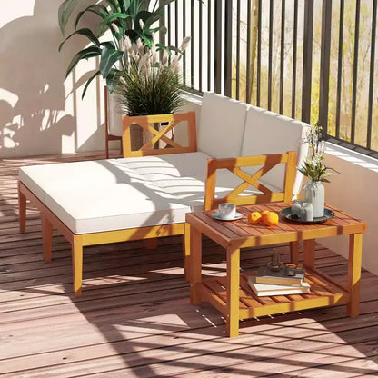 Ensemble de 5 chaises longues de jardin en bois d'acacia avec table basse à 2 niveaux et coussins – Sanzelize Design