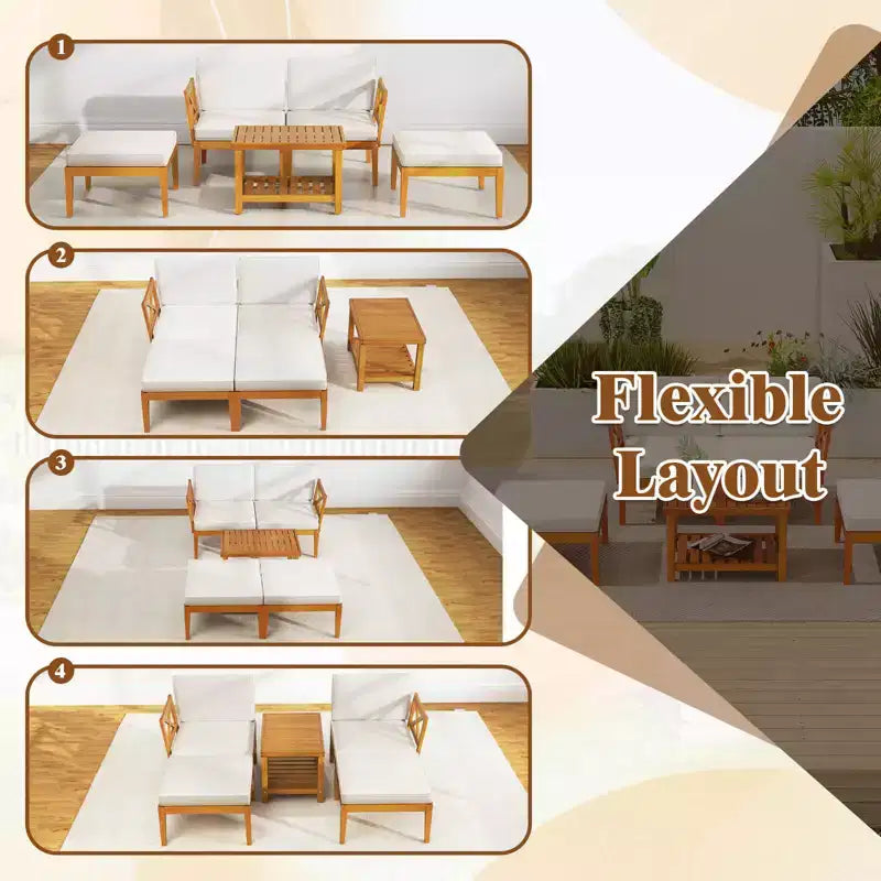 Ensemble de 5 chaises longues de jardin en bois d'acacia avec table basse à 2 niveaux et coussins – Sanzelize Design