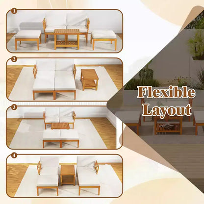 Ensemble de 5 chaises longues de jardin en bois d'acacia avec table basse à 2 niveaux et coussins – Sanzelize Design