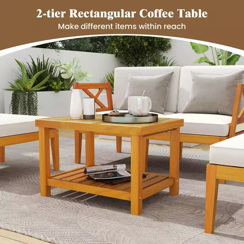 Ensemble de 5 chaises longues de jardin en bois d'acacia avec table basse à 2 niveaux et coussins – Sanzelize Design