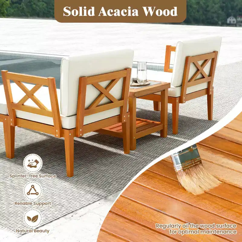 Ensemble de 5 chaises longues de jardin en bois d'acacia avec table basse à 2 niveaux et coussins – Sanzelize Design