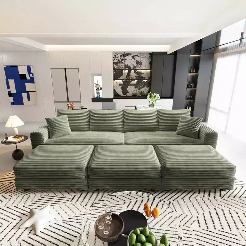 Canapé 260 cm convertible 4 places en velours côtelé avec poufs – Vert – Sanzelize Design
