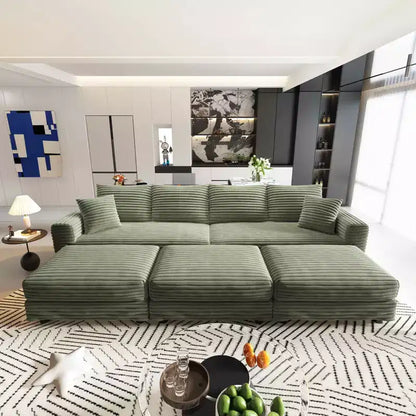 Canapé 260 cm convertible 4 places en velours côtelé avec poufs – Vert – Sanzelize Design