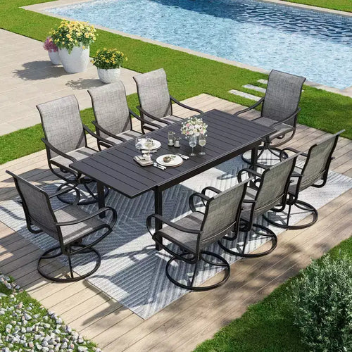 Ensemble de salle à manger d'extérieur 9 pièces avec table rectangulaire en acier réglable à plateau à lattes et – Sanzelize Design