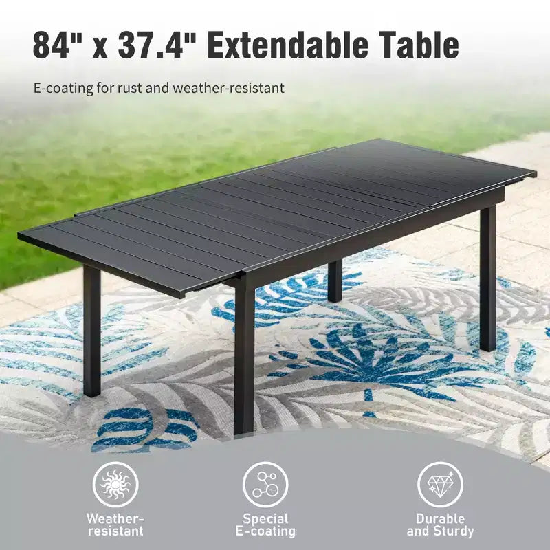 Ensemble de salle à manger d'extérieur 9 pièces avec table rectangulaire en acier réglable à plateau à lattes et – Sanzelize Design