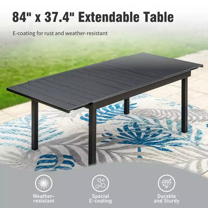 Ensemble de salle à manger d'extérieur 9 pièces avec table rectangulaire en acier réglable à plateau à lattes et – Sanzelize Design