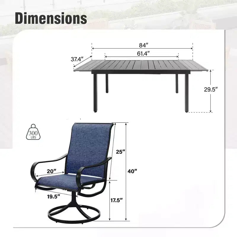 Ensemble de salle à manger d'extérieur 9 pièces avec table rectangulaire en acier réglable à plateau à lattes et – Sanzelize Design