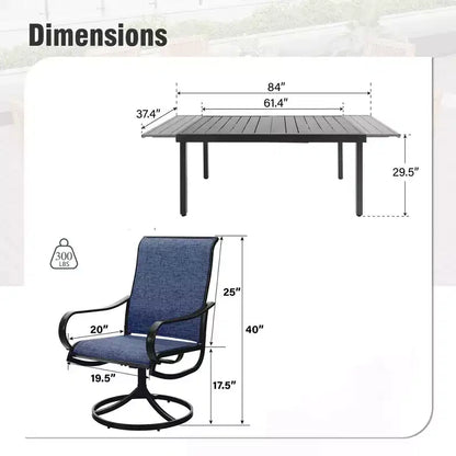Ensemble de salle à manger d'extérieur 9 pièces avec table rectangulaire en acier réglable à plateau à lattes et – Sanzelize Design