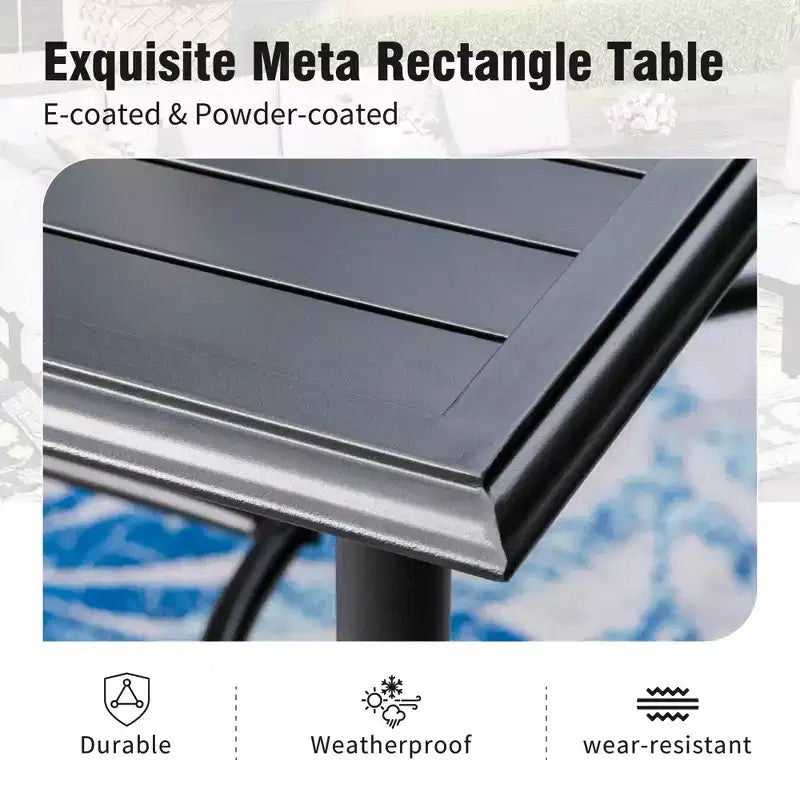 Table de salle à manger rectangulaire en acier 7 pièces avec support en X en C et chaises fixes en toile – Sanzelize Design