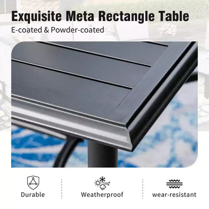 Table de salle à manger rectangulaire en acier 7 pièces avec support en X en C et chaises fixes en toile – Sanzelize Design