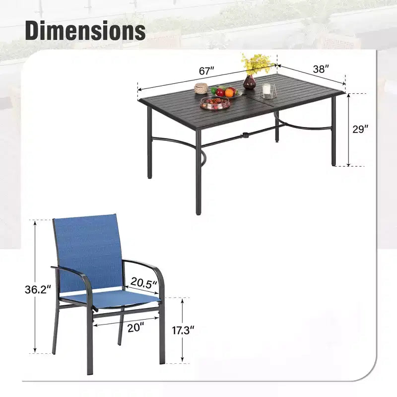 Table de salle à manger rectangulaire en acier 7 pièces avec support en X en C et chaises fixes en toile – Sanzelize Design