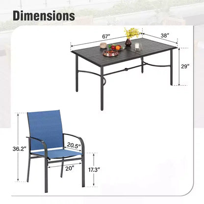 Table de salle à manger rectangulaire en acier 7 pièces avec support en X en C et chaises fixes en toile – Sanzelize Design
