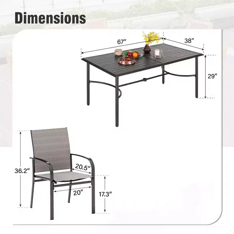 Table de salle à manger rectangulaire en acier 7 pièces avec support en X en C et chaises fixes en toile – Sanzelize Design