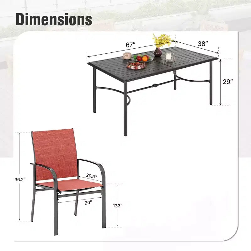 Table de salle à manger rectangulaire en acier 7 pièces avec support en X en C et chaises fixes en toile – Sanzelize Design