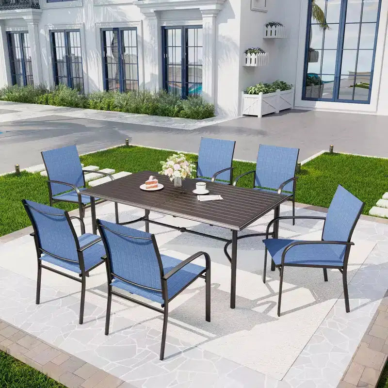 Table de salle à manger rectangulaire en acier 7 pièces avec support en X en C et chaises fixes en toile – Sanzelize Design