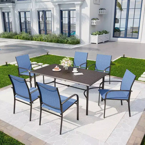 Table de salle à manger rectangulaire en acier 7 pièces avec support en X en C et chaises fixes en toile – Sanzelize Design