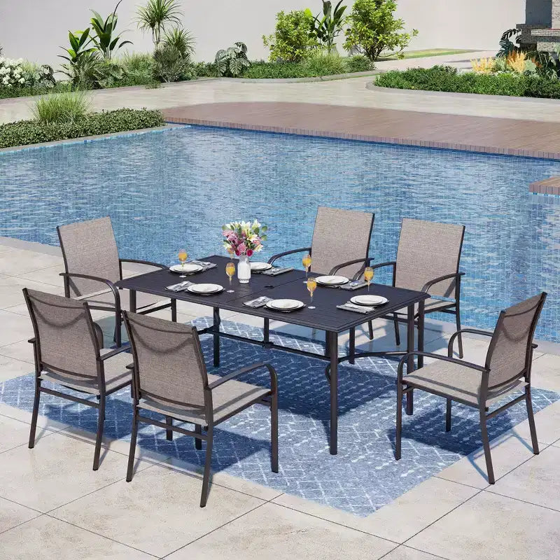 Table de salle à manger rectangulaire en acier 7 pièces avec support en X en C et chaises fixes en toile – Sanzelize Design