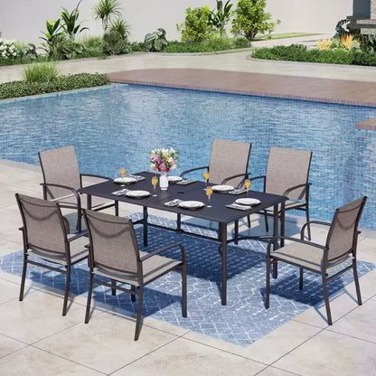 Table de salle à manger rectangulaire en acier 7 pièces avec support en X en C et chaises fixes en toile – Sanzelize Design