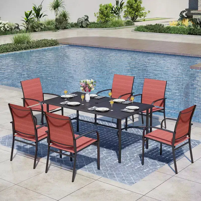 Table de salle à manger rectangulaire en acier 7 pièces avec support en X en C et chaises fixes en toile – Sanzelize Design
