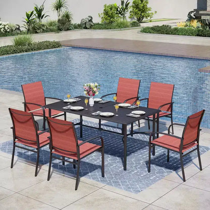 Table de salle à manger rectangulaire en acier 7 pièces avec support en X en C et chaises fixes en toile – Sanzelize Design