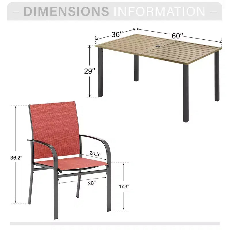 Ensemble de salle à manger 7 pièces pour terrasse extérieure avec table en acier à plateau à lattes aspect bois et – Sanzelize Design