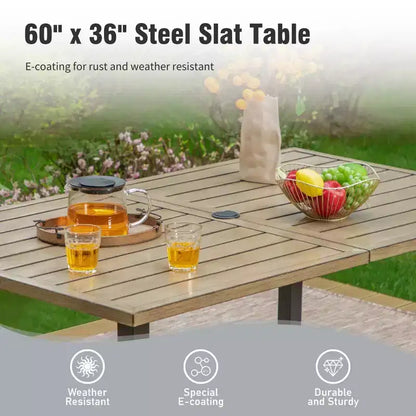 Ensemble de salle à manger 7 pièces pour terrasse extérieure avec table en acier à plateau à lattes aspect bois et – Sanzelize Design