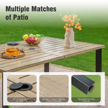 Ensemble de salle à manger 7 pièces pour terrasse extérieure avec table en acier à plateau à lattes aspect bois et – Sanzelize Design