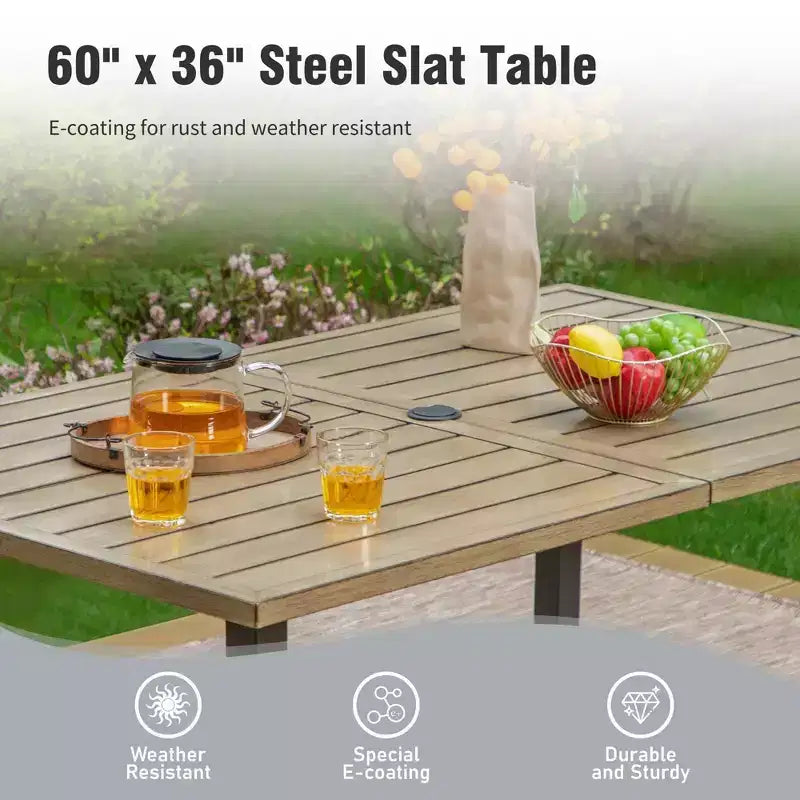 Ensemble de salle à manger 7 pièces pour terrasse extérieure avec table en acier à plateau à lattes aspect bois et – Sanzelize Design