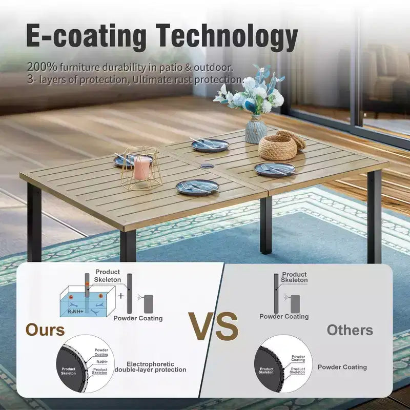 Ensemble de salle à manger 7 pièces pour terrasse extérieure avec table en acier à plateau à lattes aspect bois et – Sanzelize Design