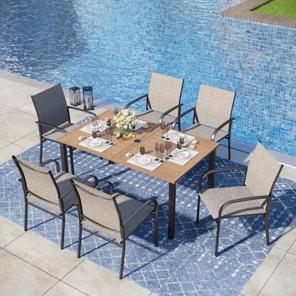 Ensemble de salle à manger 7 pièces pour terrasse extérieure avec table en acier à plateau à lattes aspect bois et – Sanzelize Design