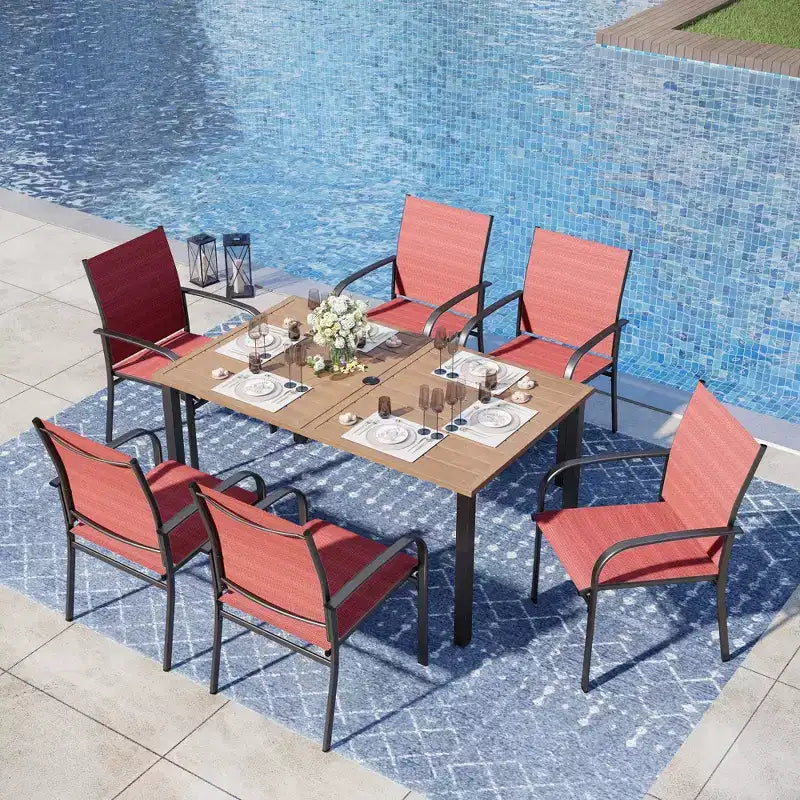 Ensemble de salle à manger 7 pièces pour terrasse extérieure avec table en acier à plateau à lattes aspect bois et – Sanzelize Design