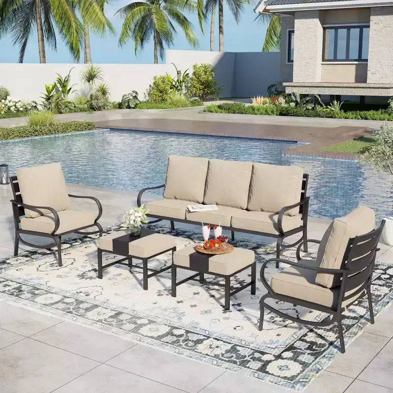 Ensemble de conversation de 5 meubles de jardin en métal avec poufs pour jardin, véranda, arrière-cour – Sanzelize Design