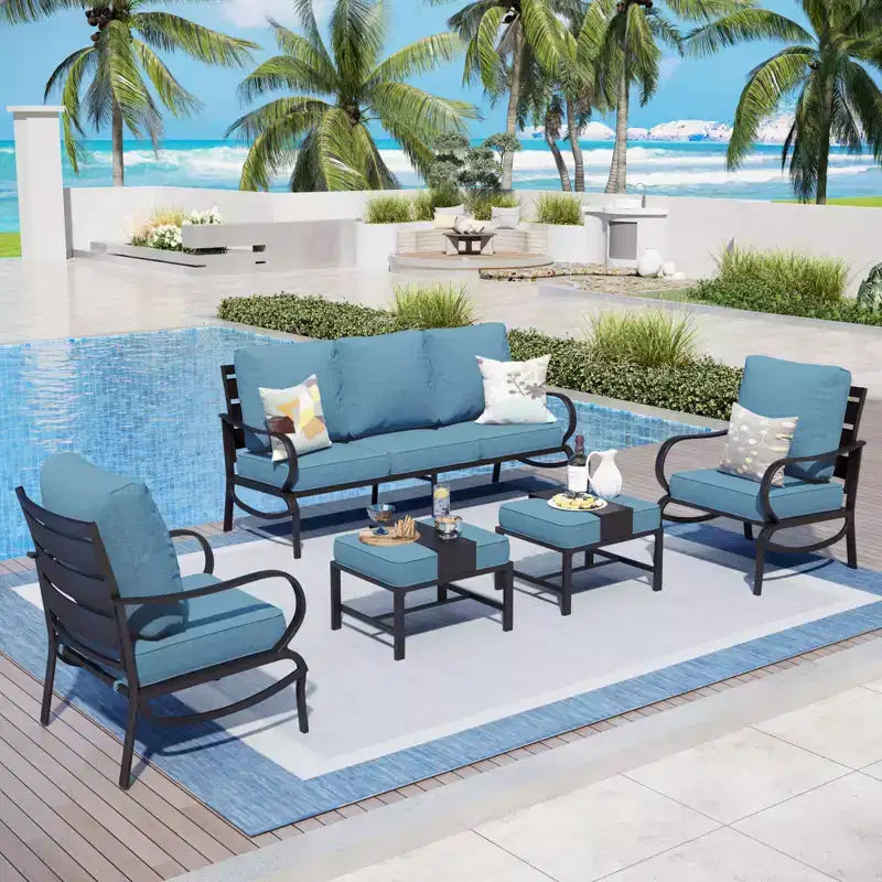 Ensemble de conversation de 5 meubles de jardin en métal avec poufs pour jardin, véranda, arrière-cour – Sanzelize Design