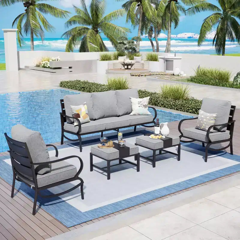 Ensemble de conversation de 5 meubles de jardin en métal avec poufs pour jardin, véranda, arrière-cour – Sanzelize Design