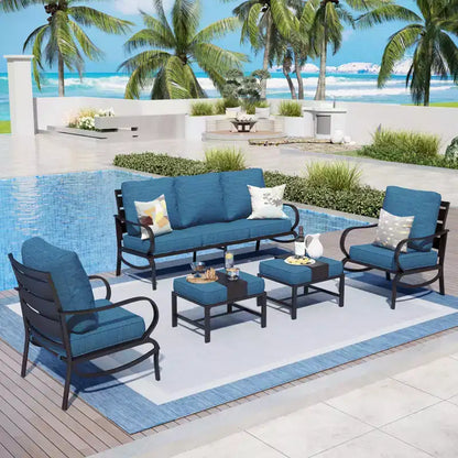 Ensemble de conversation de 5 meubles de jardin en métal avec poufs pour jardin, véranda, arrière-cour – Sanzelize Design