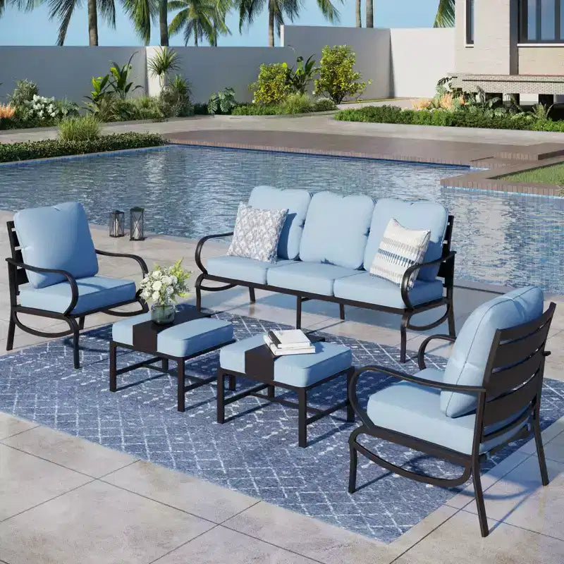 Ensemble de conversation de 5 meubles de jardin en métal avec poufs pour jardin, véranda, arrière-cour – Sanzelize Design