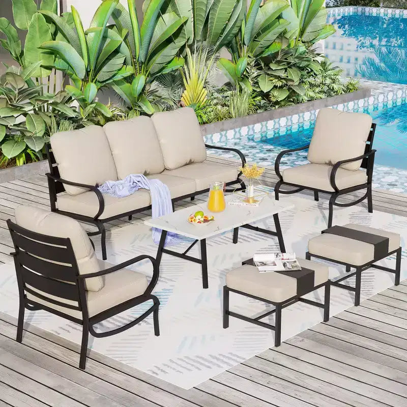 Ensemble de conversation 6 pièces en métal avec fauteuils et poufs pour jardin, terrasse, arrière-cour – Sanzelize Design