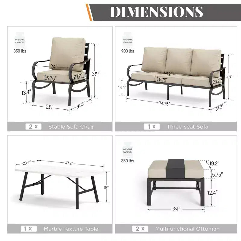 Ensemble de conversation 6 pièces en métal avec fauteuils et poufs pour jardin, terrasse, arrière-cour – Sanzelize Design