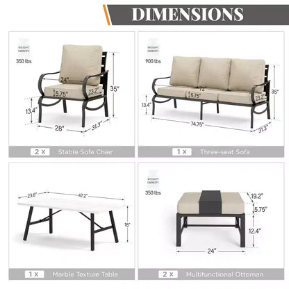 Ensemble de conversation 6 pièces en métal avec fauteuils et poufs pour jardin, terrasse, arrière-cour – Sanzelize Design