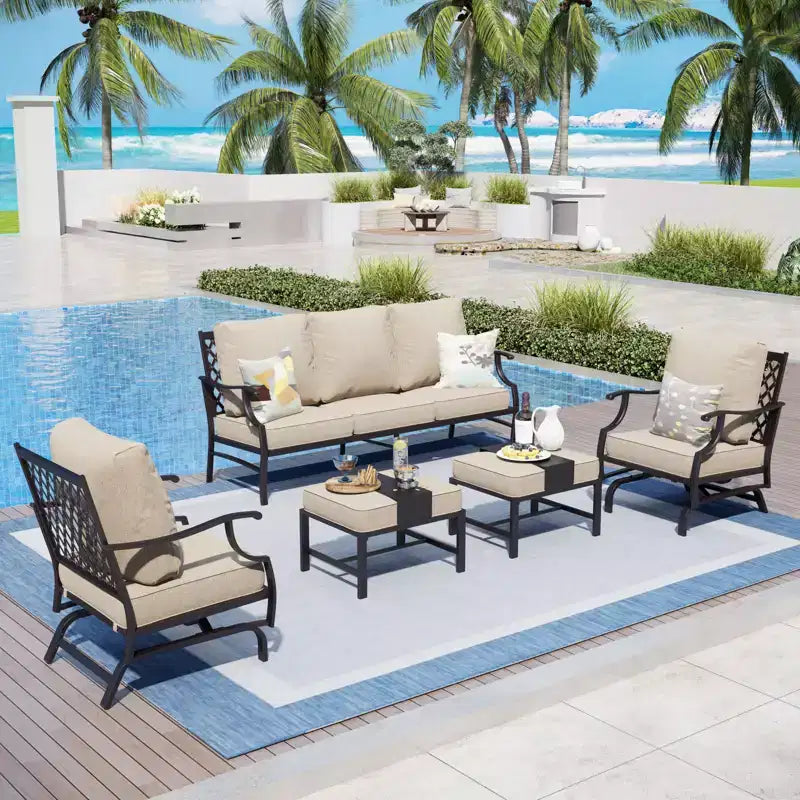 Salon de jardin 5 pièces en métal avec chaises à bascule à dossier quadrillé et poufs – Sanzelize Design