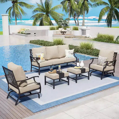 Salon de jardin 5 pièces en métal avec chaises à bascule à dossier quadrillé et poufs – Sanzelize Design