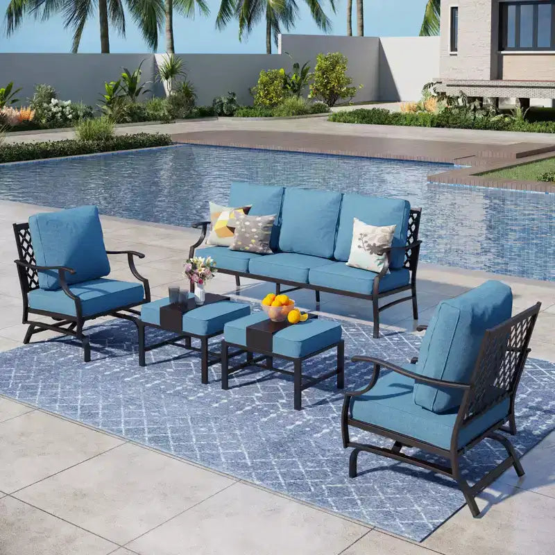 Salon de jardin 5 pièces en métal avec chaises à bascule à dossier quadrillé et poufs – Sanzelize Design