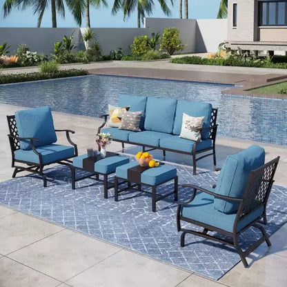 Salon de jardin 5 pièces en métal avec chaises à bascule à dossier quadrillé et poufs – Sanzelize Design